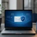 Laptop on a desk with abstract secure email imagery for small business deliverability